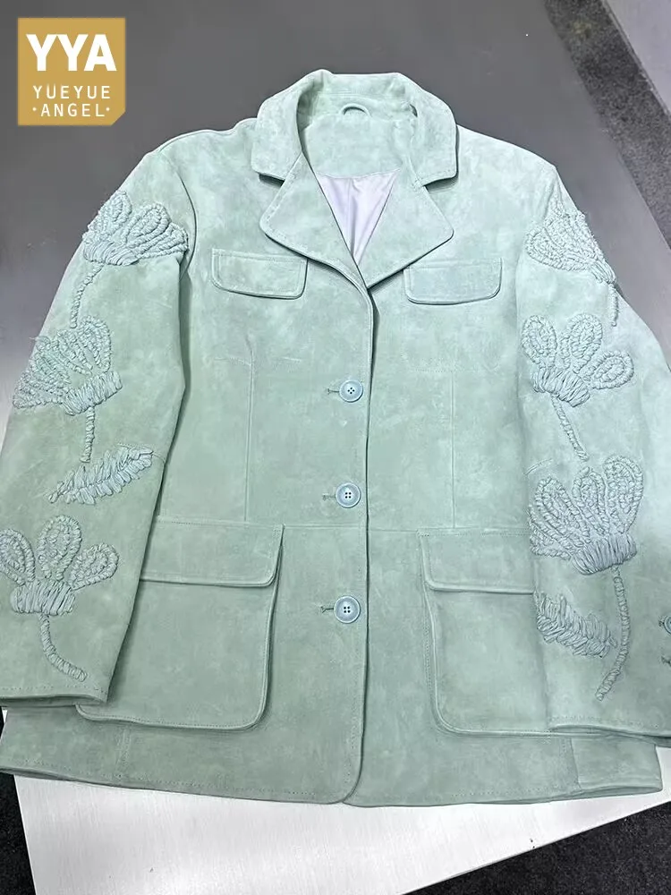 Women Luxury Genuine Leather Jacket High-Quality Embroidered Floral Sheepskin Jackets Pocket Single Breasted Lapel Loose Coat