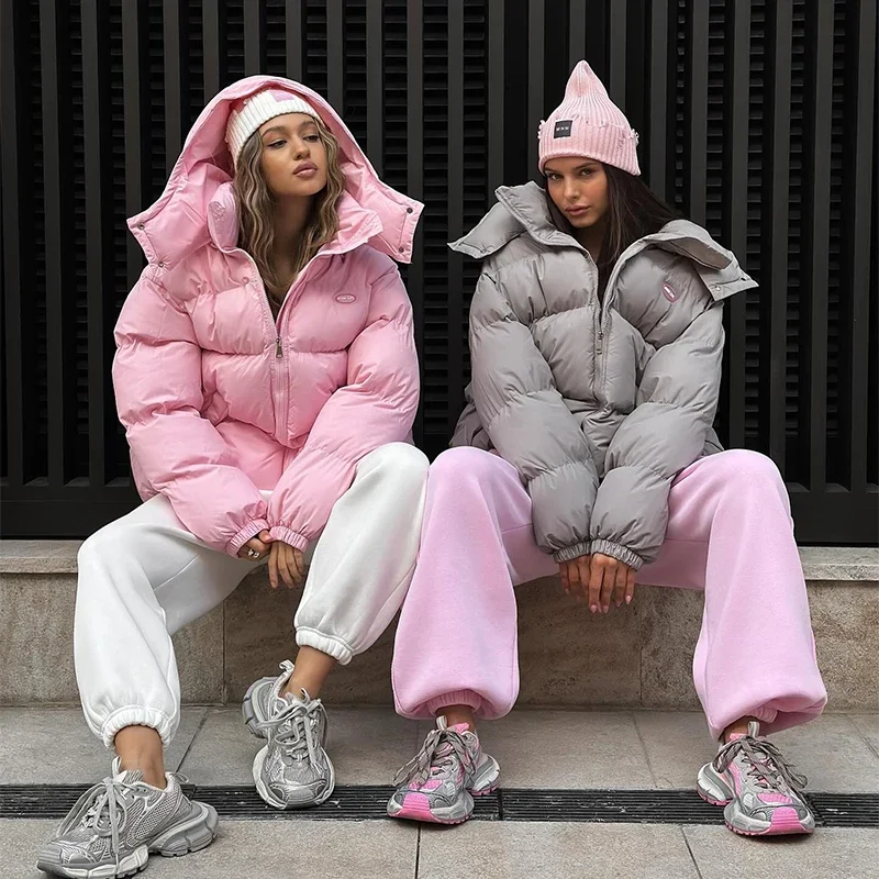 Suninbox Women's Lightweight Pink Jacket Winter Warm Hooded Padded Coat Oversized Short Cotton-padded Outerwear Streetwear