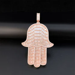 Hiphop Full Zircon Hamsa Hand Pendant Plated 16k Gold Bling Emerald Cut Cubic Zirconia Fatima Pendant No Chain Birthday Gift