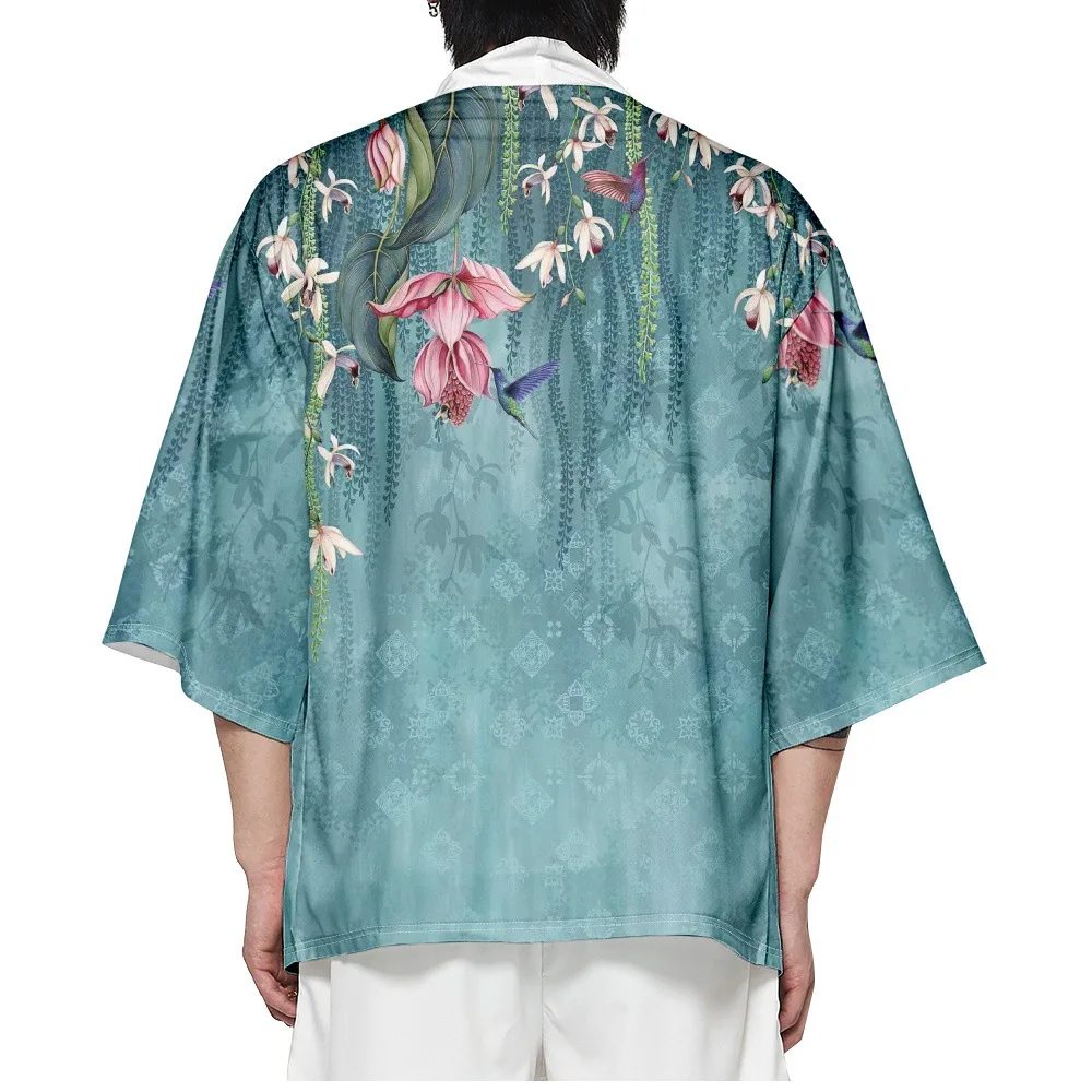 Cárdigan Yukata tradicional para hombre y mujer, ropa asiática Haori con estampado de flores, Kimono azul japonés, Verano