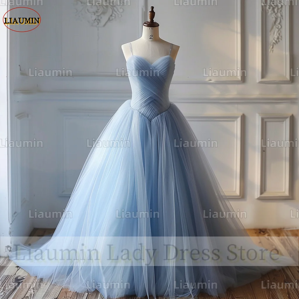 Classic Simple Sky Blue Tulle Black Strapless Ball Gown Prom Formal Dresses Evening Party Lace Up Back Custom Hand Made A4-1