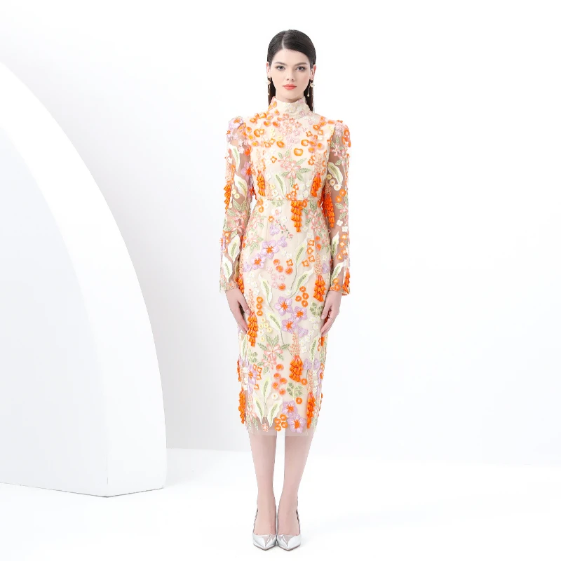 

2025 Early Spring - Vintage Style Stand Collar Long Sleeve Bodycon Mid-Length 3D Embroidered Dress
