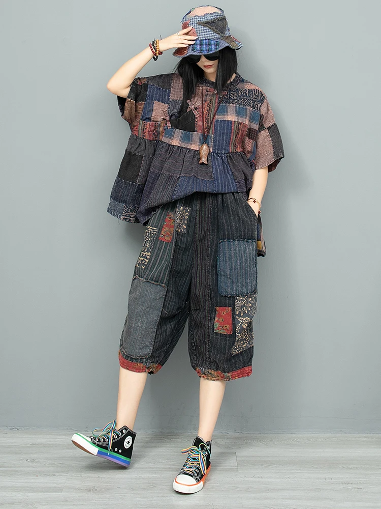 Heavy Industry Splicing Plate Buckle Old Cloth Short Sleeved Shirt + Calf Length Pant Two Piece Set Women 2024 Autumn LX1842