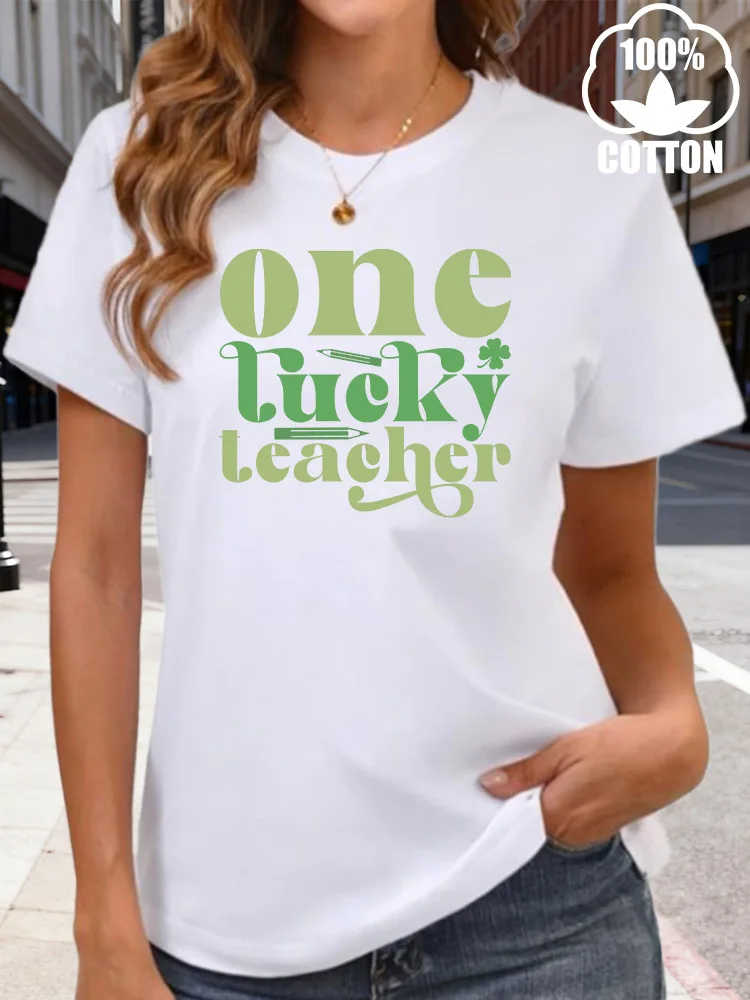 One Lucky Teacher 여성용 그래픽 티셔츠 180g 코튼 크루넥 반팔 티셔츠 캐주얼 여름 데일리웨어