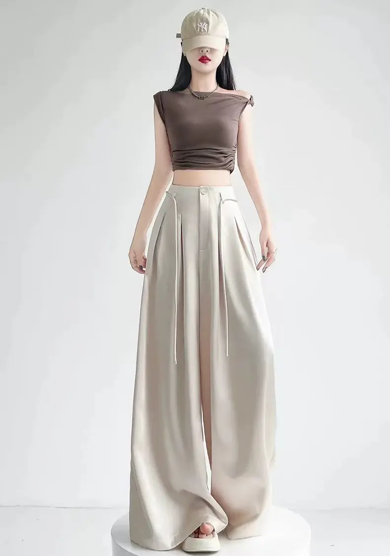 Women's High-End Suit Wide Leg Pants Belted Floor-Length Skirt Pants Elegant Business Casual Trousers with Belt