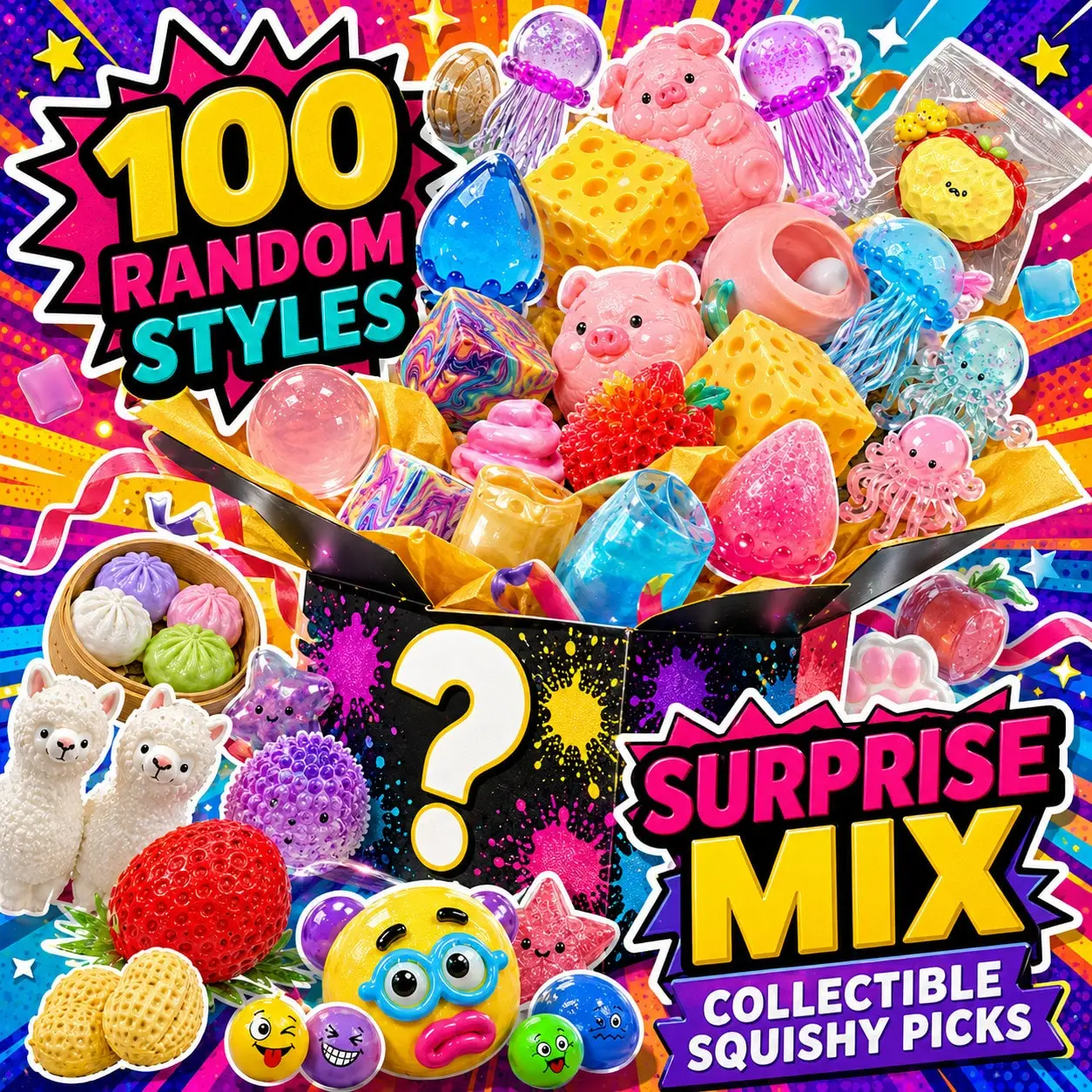

100pcs Surprise Blind Box Squishy Toy Assortment, Random Style Cute Squeeze Figures With Jellyfish, Panda, Rabbit, Duck, Moai Inspired Shape, Food Shape, Funny Face And Colorful Mystery Toy Designs For Party Favor, Goody Bag Gift, Desk Display