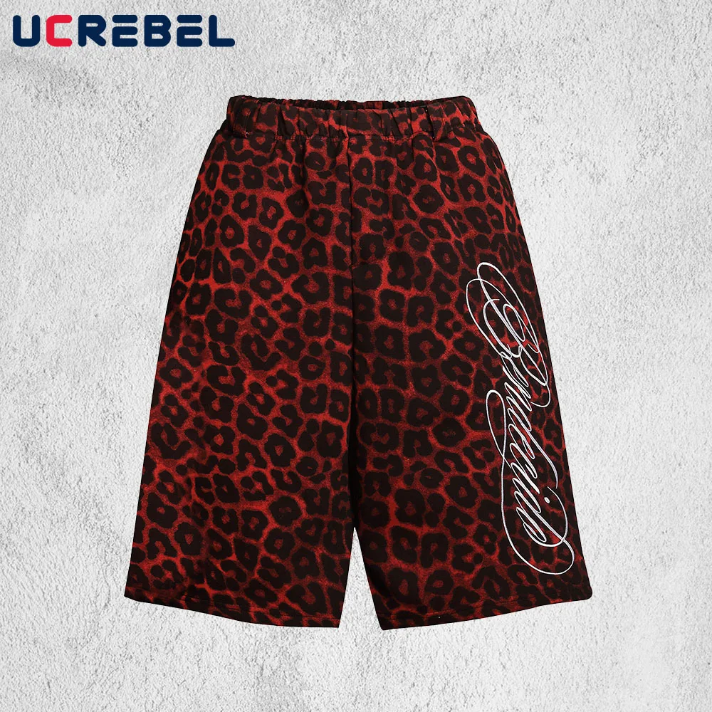 

Leopard Capri Shorts Pants Mens Summer Letter Embroidery Streetwear Hip Hop Elastic Waist Baggy Wide Leg Sweat Shorts Man