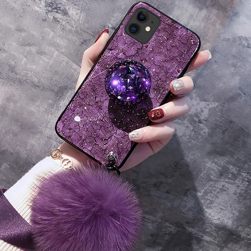 100x crystal holder Stand+Fur Ball+Strap Phone case For iPhone 11 PRO MAX 6 6s 8 7 Plus XSMAX XR 5S SE12 Bling Glitter TPU Coque