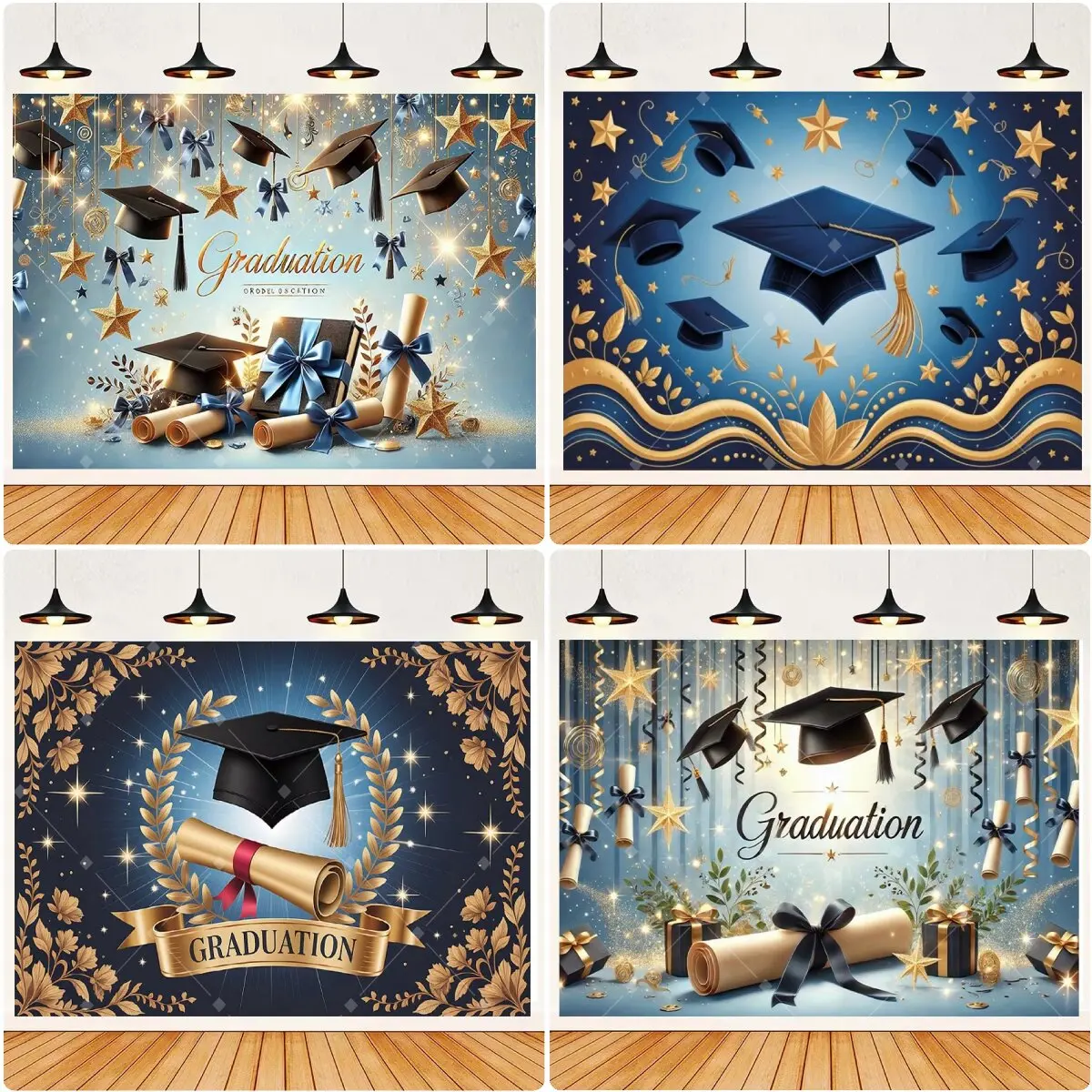 Banner de Fundo para Festa de Formatura Preto e Dourado com Capelo e Diploma, Adereços de Parabéns Formando, para Ensino Médio, Universitário, Baile de Formatura e Cabine de Fotos