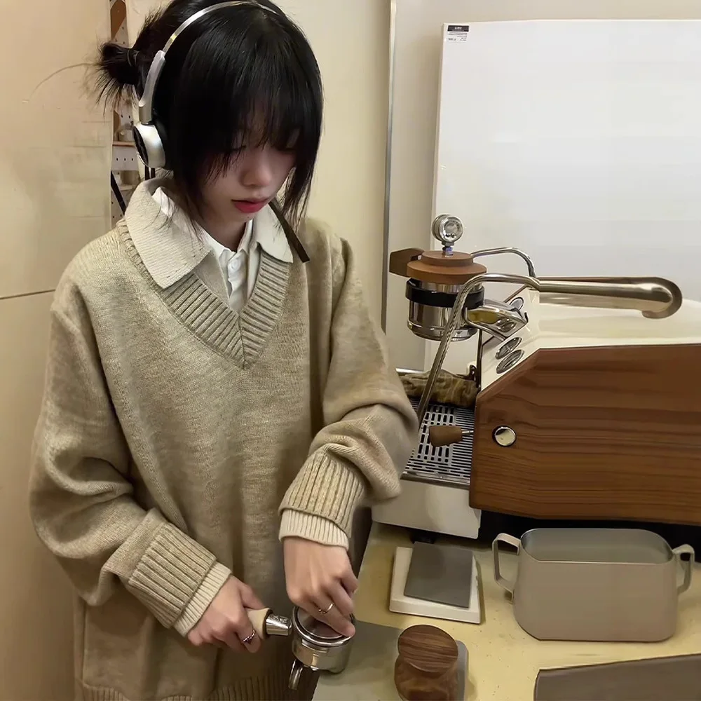 Men's Women Winter Vintage Fake Two Piece V Neck Sweater Lapel Style Knitting Top Outerwear