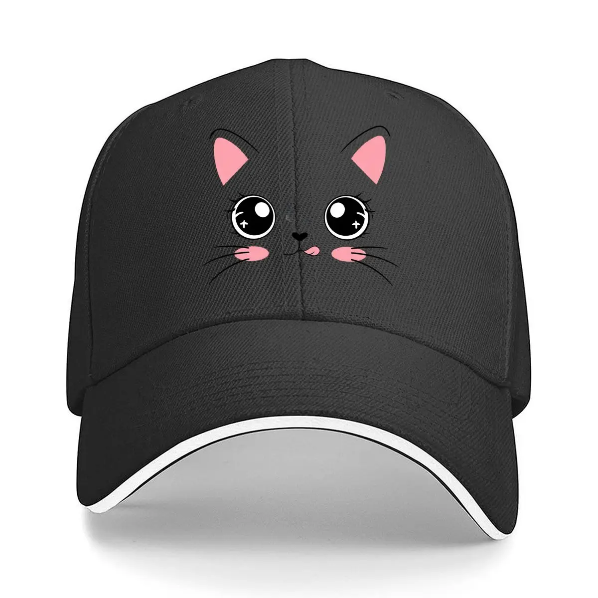 Cute Kawaii Cat Face Pink Cheeks Tongue Whiskers Sandwich Baseball Cap Women Unisex Male