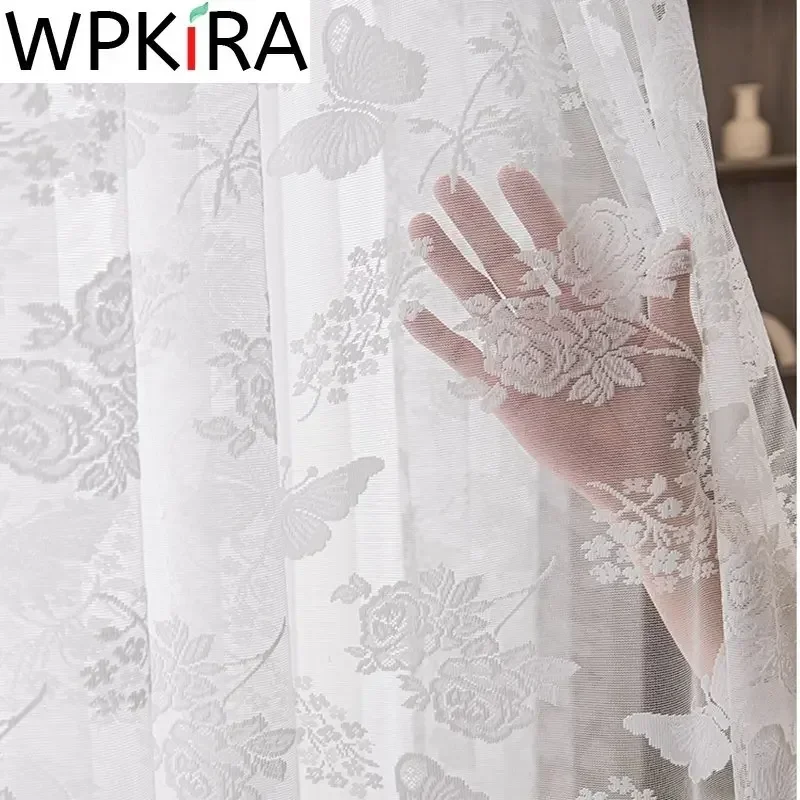 Japanese White Butterfly Lace Sheer Curtain Modern Romantic Jacquard Embroidered Tulle For Living room Kitchen Window Treatment