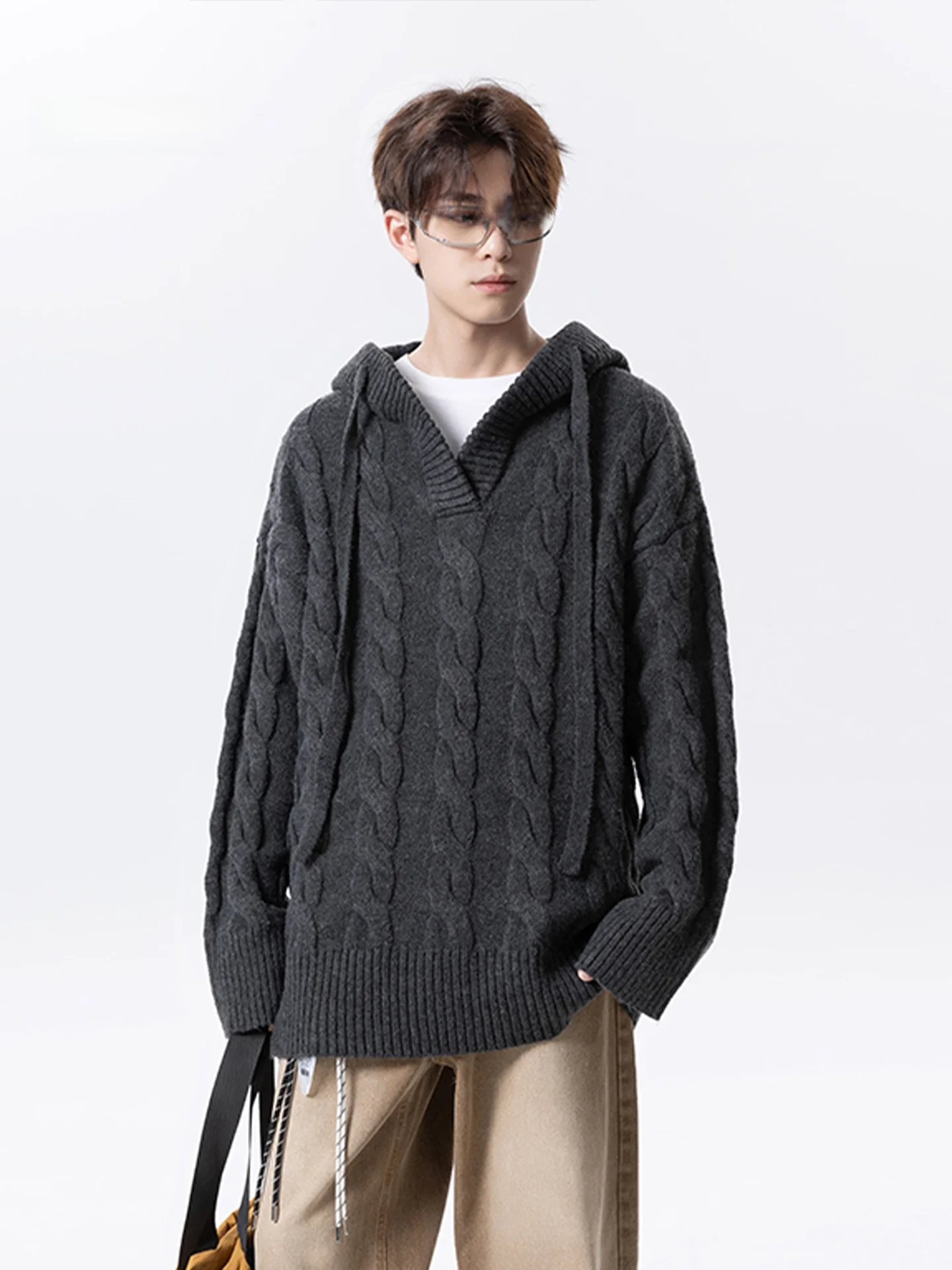 

American Retro Twisted Sweater Men's Autumn Winter Thi Lazy Sle High Sensation Casual Hoodie Knitted Outerwear Coat