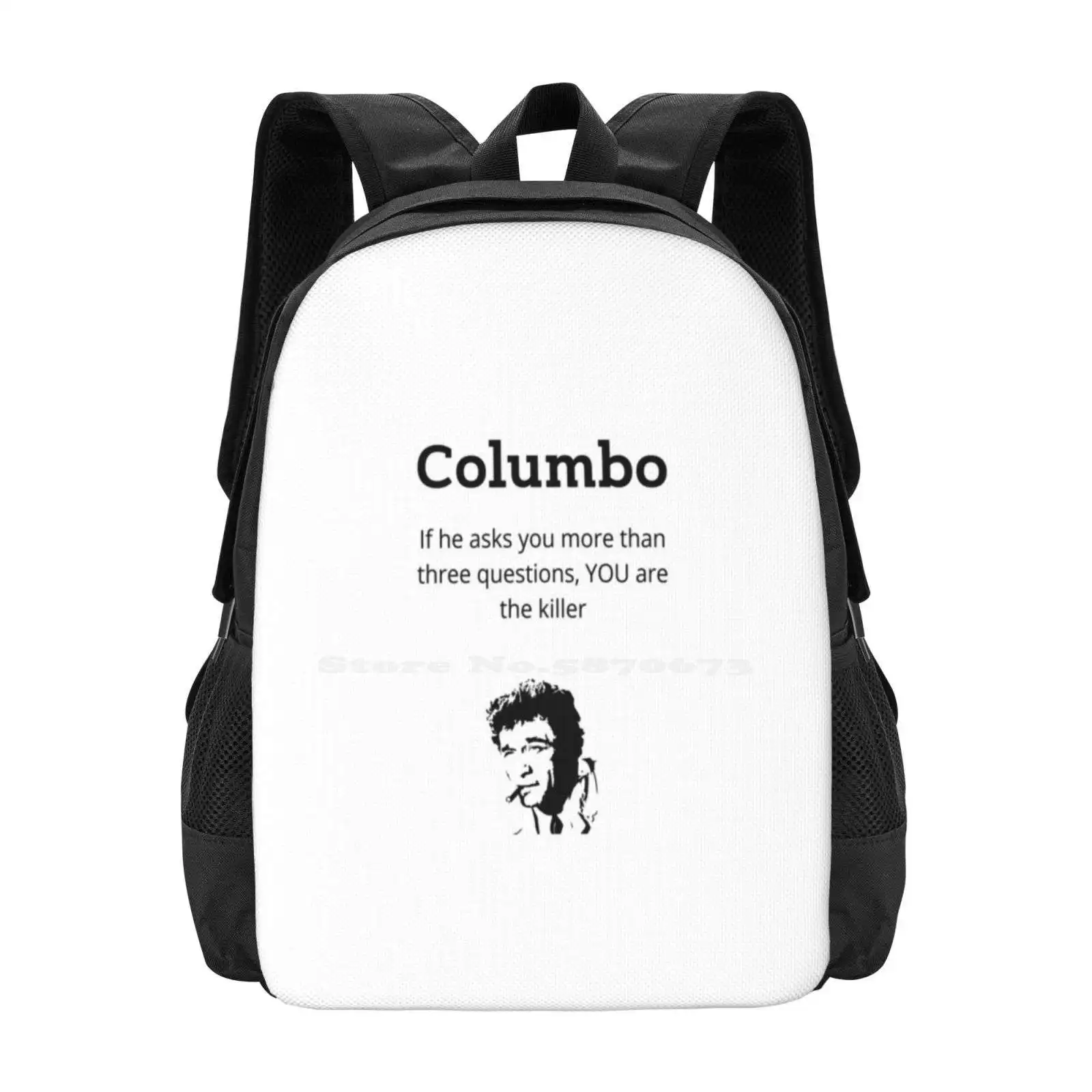 Columbo Asks Hot Sale Schoolbag Backpack Fashion Bags Killer Question Columbo Ask Black And White Sarcasm Humour Funny