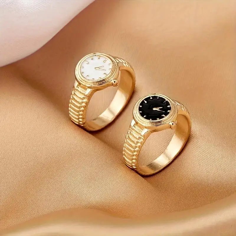 Gold-Plated Watch-Shaped Ring Cute Enamel Dial Skin-Friendly Jewelry for Girls School Daily Party Dating Gifts