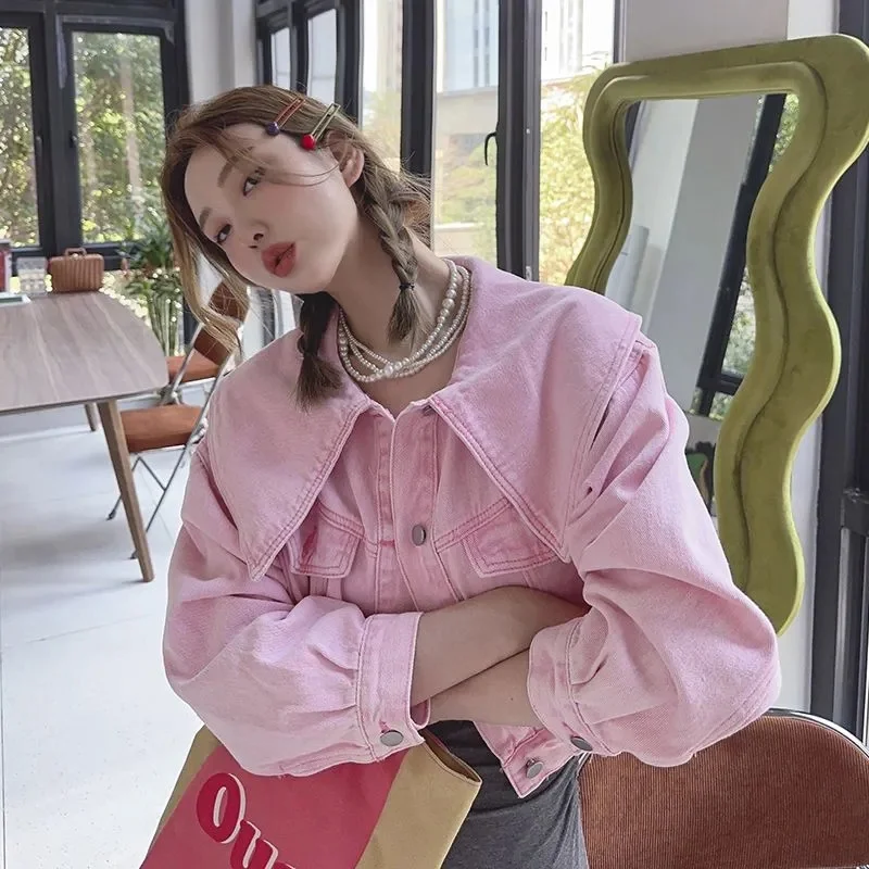 Korean Female Fashion Doll Collar Cowboy Outerwear Spring Autumn Women Long Sleeves Denim Coat Korean Ladies Short Jeans Jacket