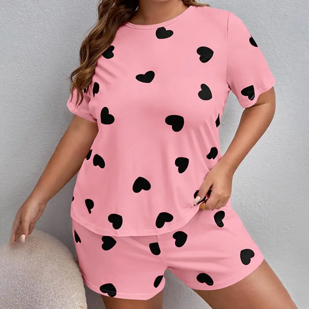 Plus Size XL-4XL Oversized Sleepwear Round Neck Women\'s Pajamas Sets Short Sleeve T-Shirt Shorts Pink Heart Print Loungwear 2PC