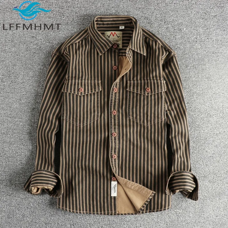 High Quality America Style Vintage Striped Shirts for Men Spring Autumn Fashion 100% Cotton Comfortable Soft Long Sleeve Blouses