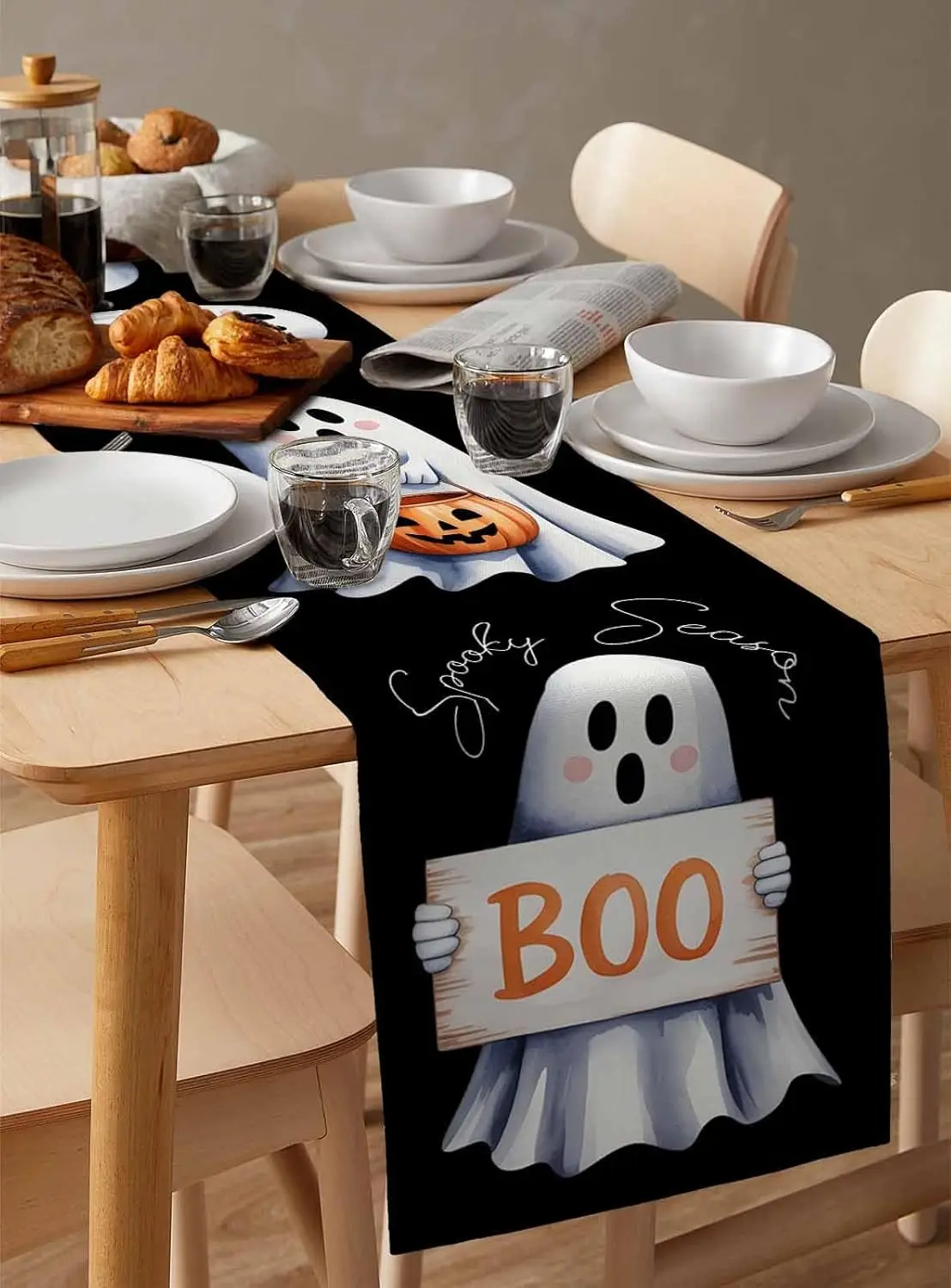 Halloween Ghost Boo Linen Table Runner Holiday Party Decor Reusable Farmhouse Kitchen Dining Table Runner Halloween Decorations