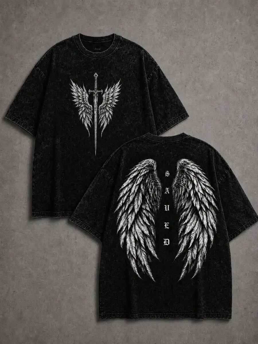 Washed Plus Size Men's Wing Graphic Casual Daily Summer Short Sleeve T-Shirt for Men