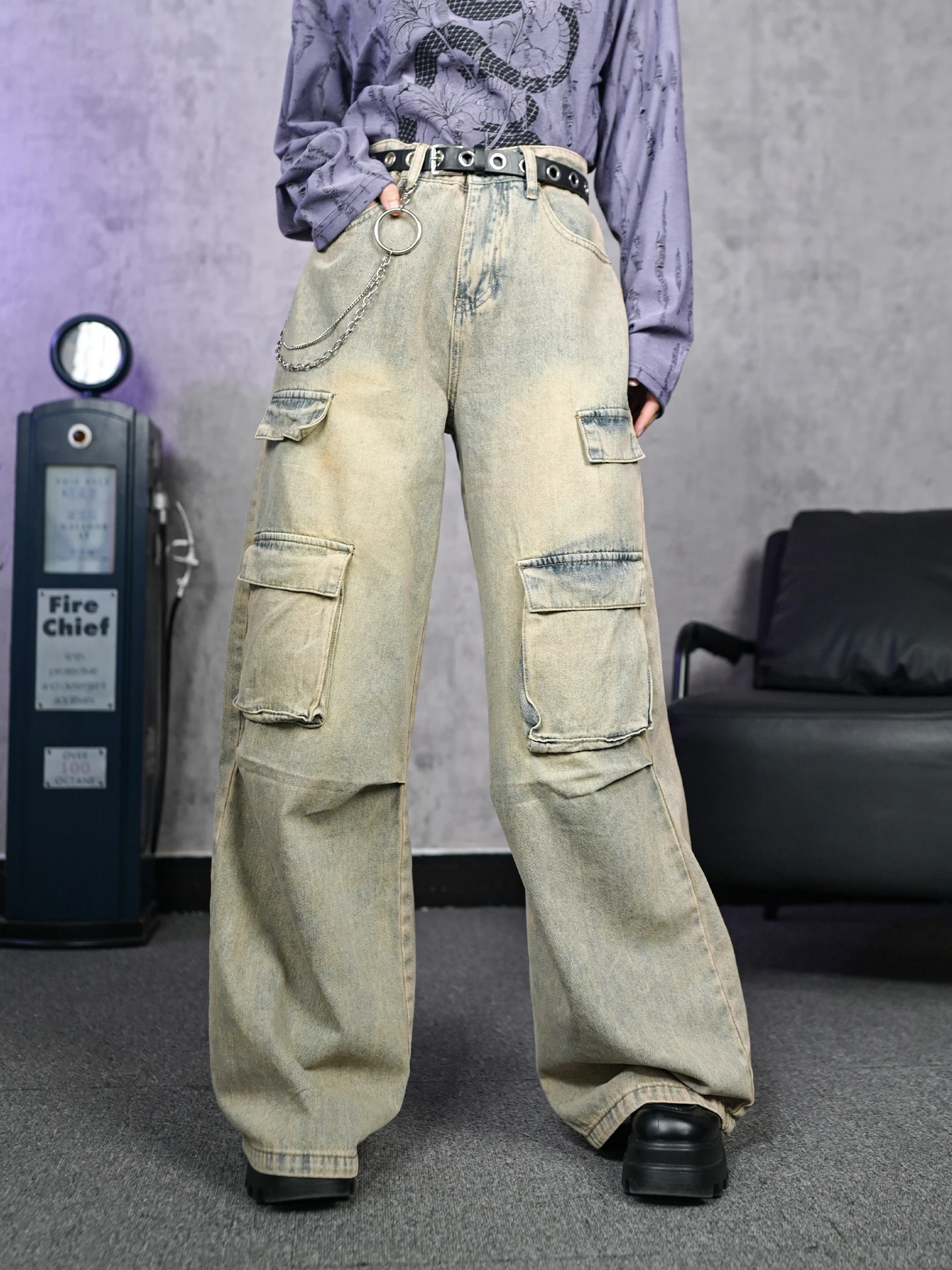 

Спецодежда в деревенском стиле, широкие джинсы с высокой талией, женские свободные повседневные рваные джинсовые брюки, ветрозащитные осенний сезон, нейтральные