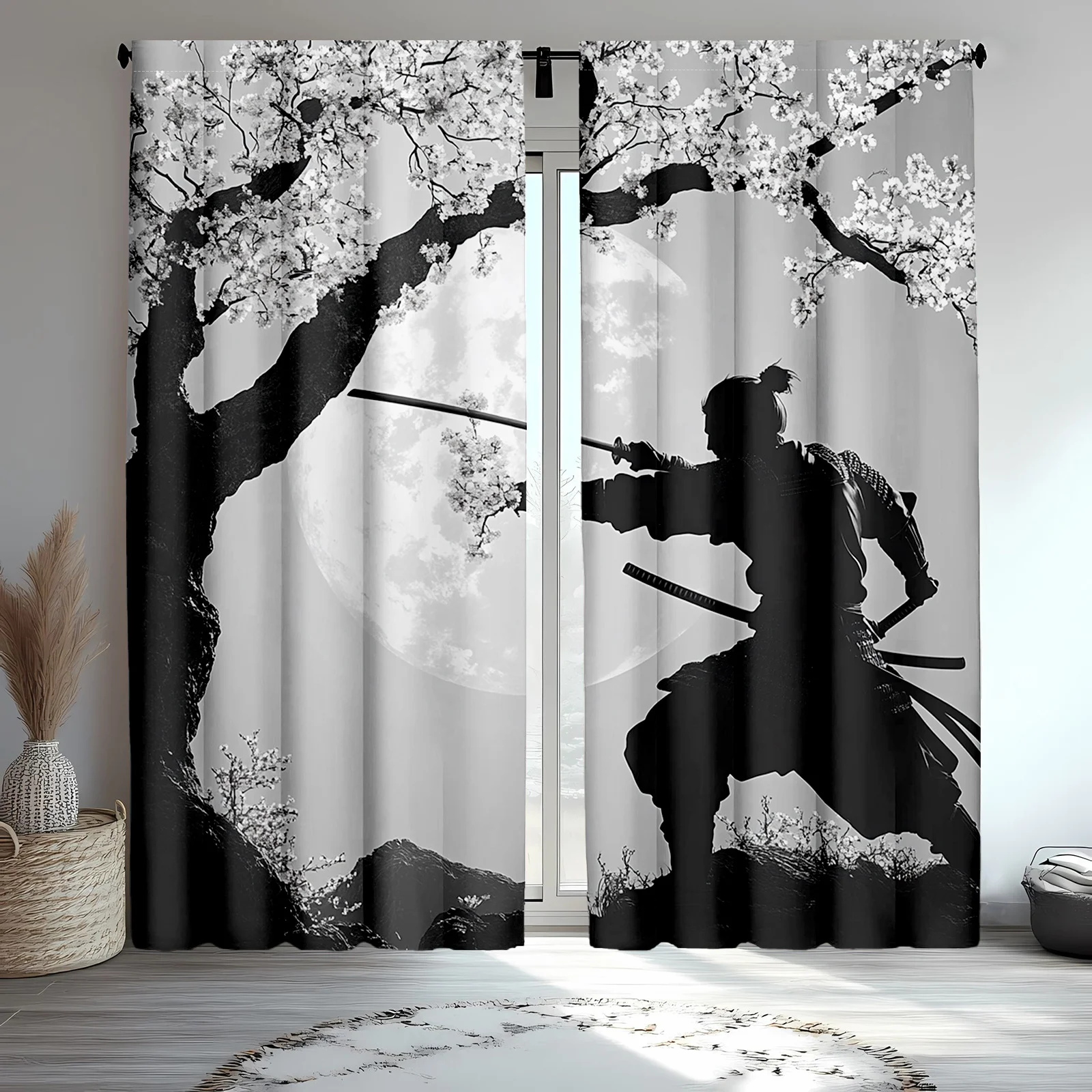 Samurai Warrior Curtain, Japanese Cherry Blossom Moon Window Drape Ninja Silhouette Decor for Living Room Asian Zen Home Textile