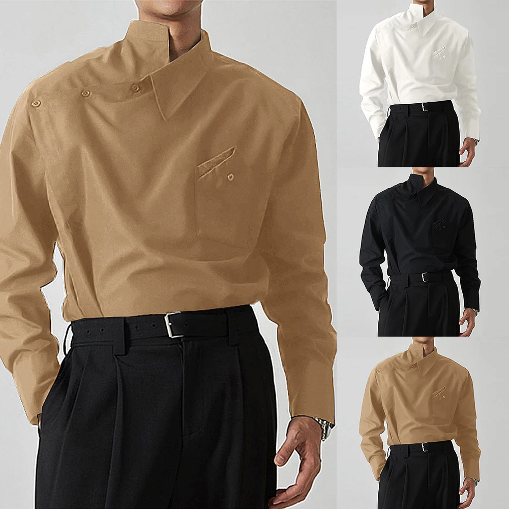 

Мужская вечерние повседневные рубашки нестандартной формы с воротником-стойкой, свободные повседневные уличные рубашки с длинными рукавами, модные однотонные рубашки