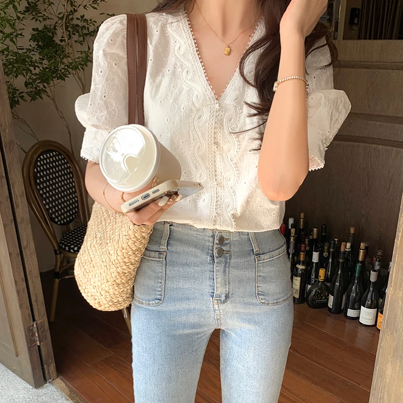 Embroidery Cute Chic Tops Hot Women Summer Korea Japan Style Design Hollow Out White Lace Button Shirt Blouse