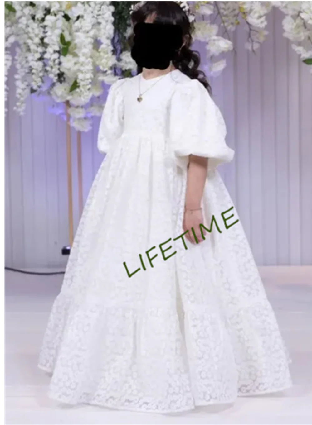 

Three Quarter White Lace Flower Girl Dress For Wedding Puffy Balloon Sleeve Pricness Pageant Birthday O-Neck Girl Dresses