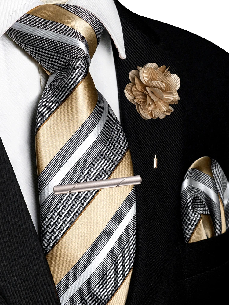 ﻿Luxury Purple Blue Striped Ties for Men 8cm Width Wedding Business Casual Necktie Pocket Square Brooch Set Men Gift Accessories