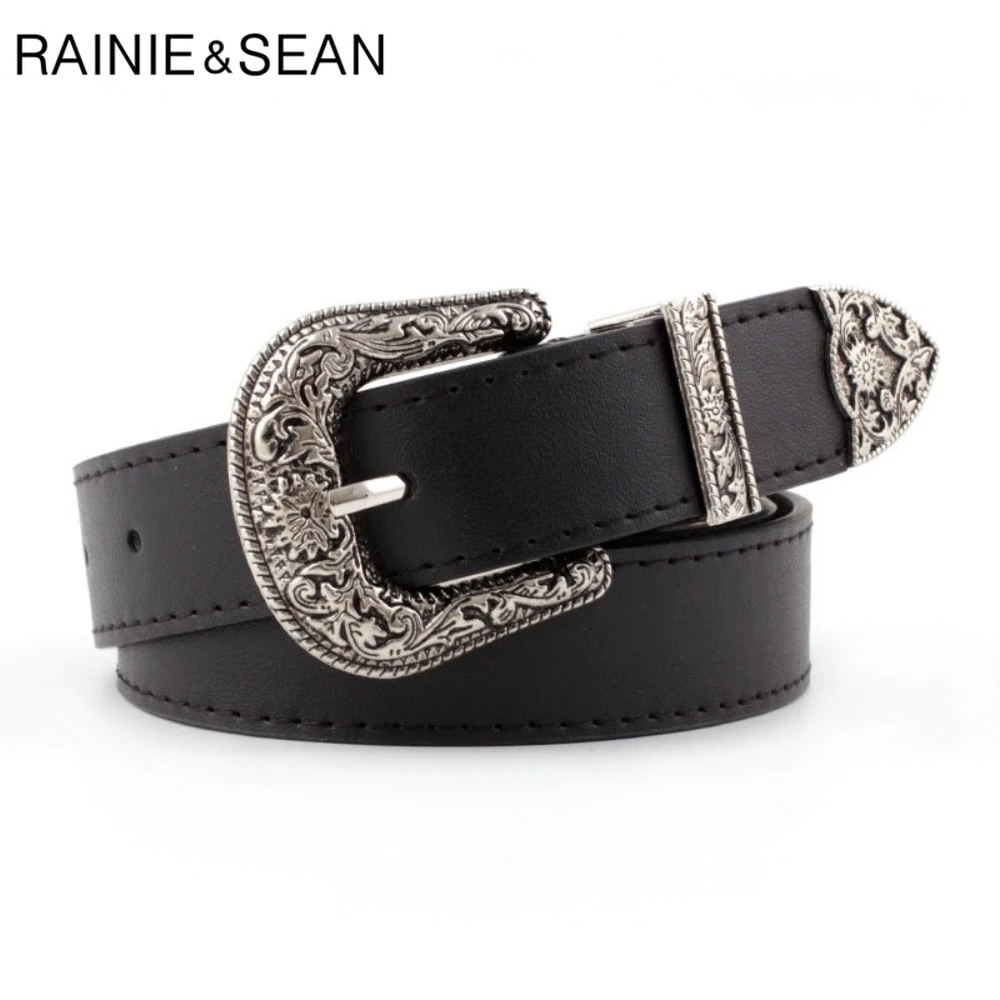 

RAINIE SEAN Black Pin Buckle Leather Belts for Women Pu Leather Vintage Engrave Ladies Leather Belts for Jeans Fashion Design
