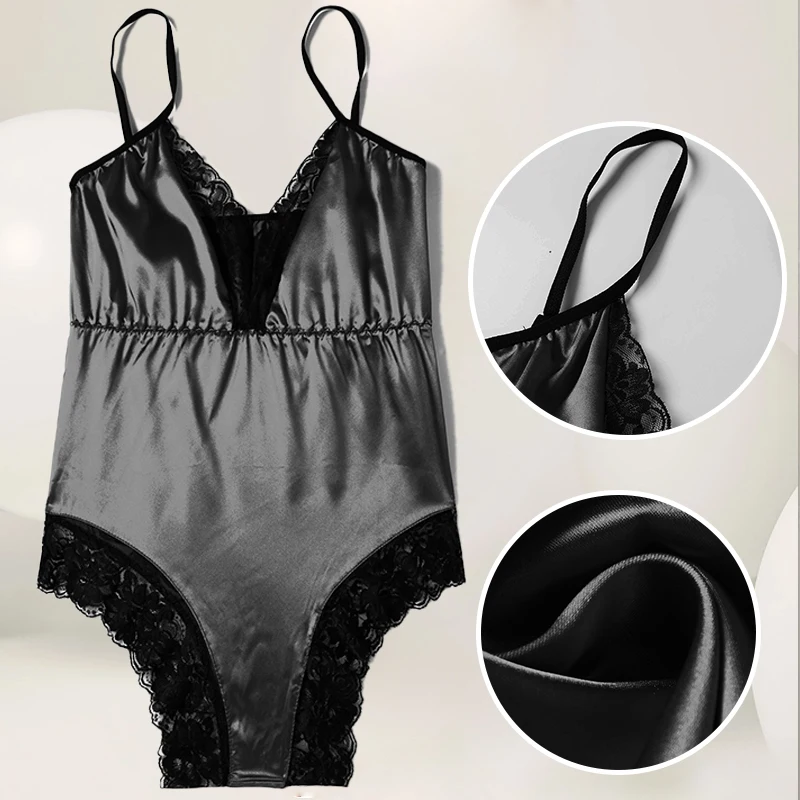 Women\'s Spaghetti Strap Dress Solid Color V-Neck Lace Backless Sexy Lace up Black Home Wear Satin Pajamas