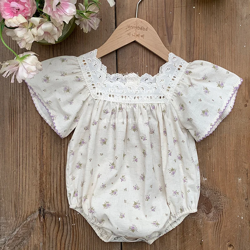 

2024 New Summer 0-24M Baby Clothing Newborn Baby Girl Romper Short Sleeved Cotton Printed Lace Splicing Toddler Baby Jumpsuit