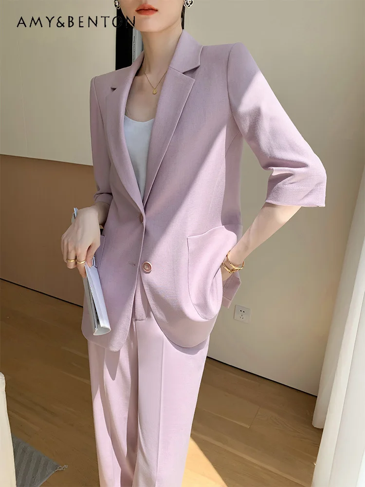 

Commute Style Casual Suit Summer New Fashion Elegant British Korean Loose Coat Wide Leg Pants Two Piece Sets Womens Outifits