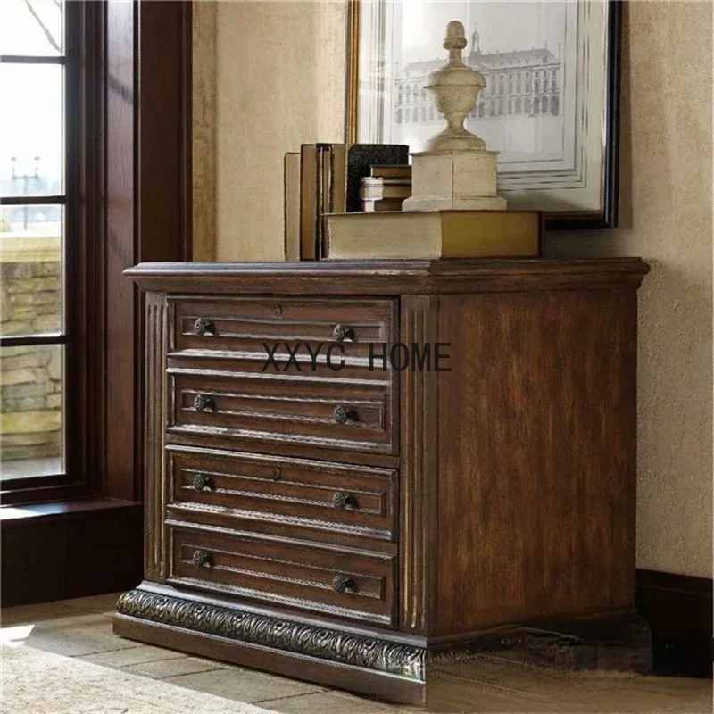 Solid Wood Chest of Drawers American Antique Old Four-Bucket Locker Study Vintage Engraving File Storage Cabinet