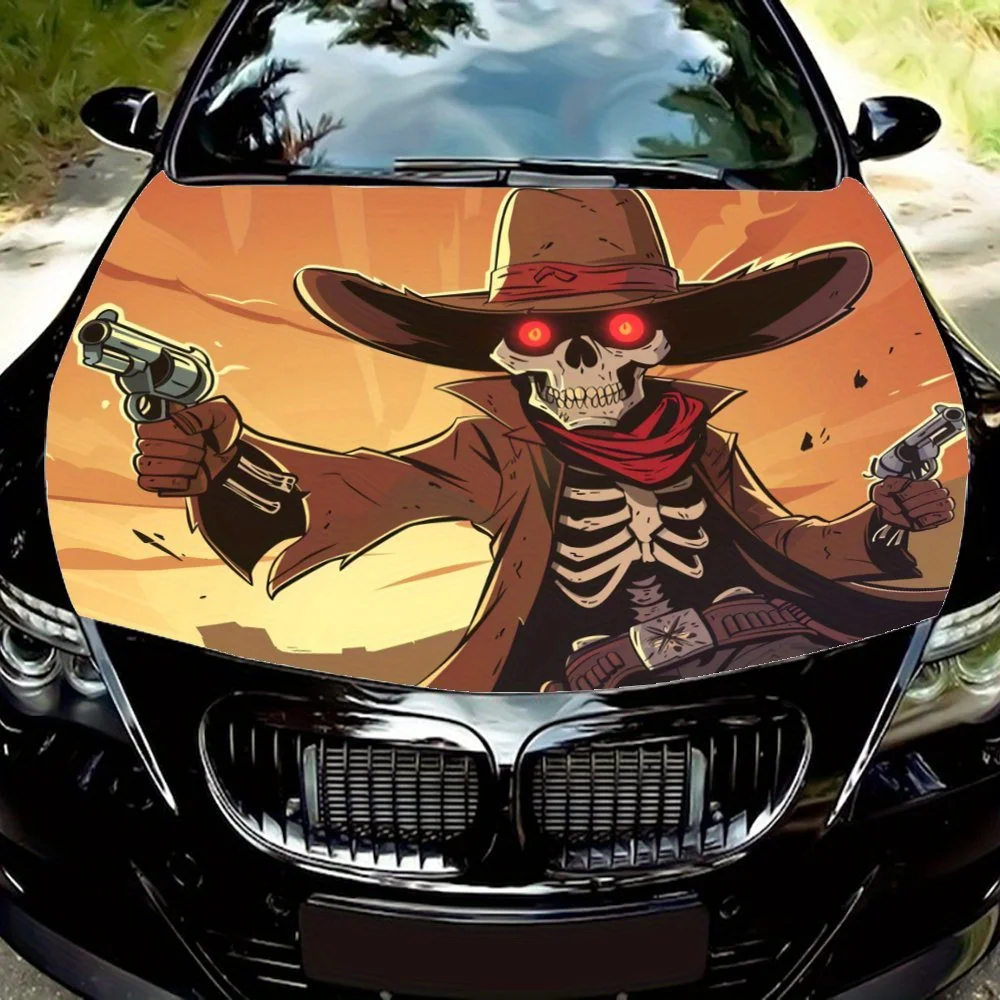 

Blood-red skull cowboys in a showdown with graphic car vinyl wraps, vinyl car hood graphics, unique vinyl designs that fit the e