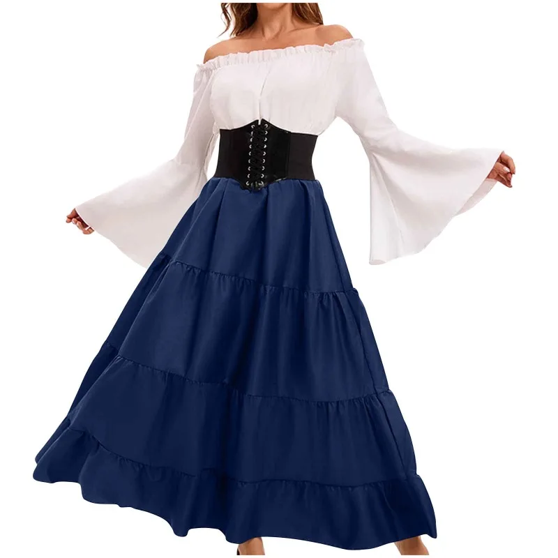 Vestido Medieval Y Pirata Para Mujer – Mono Con Mangas Abullonadas, Corsé, Cadena De Cintura, Gargantilla Y Medias, Ideal Para Halloween Y Fiestas Temáticas