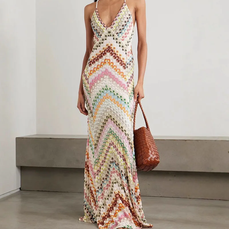 

Women Knitted Sling Dress Printed Pattern Sleeveless Backless Elastic Waist Slim Fit Daily Comfortable Versatile Long Dresses