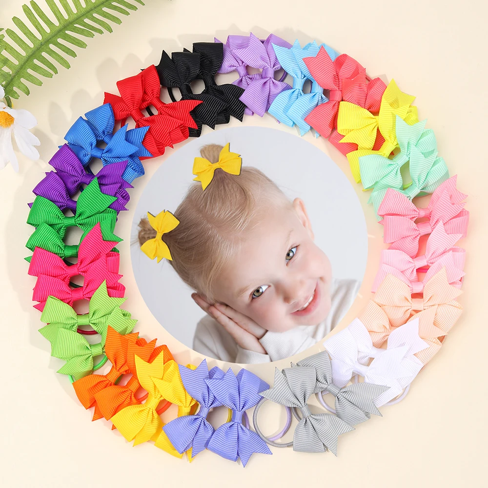 

40Pcs Kids Solid Hair Ties Ribbon Bow High Elastic Rubber Band Colorful Small Hair Bands For Girls Children Headwear Accessories