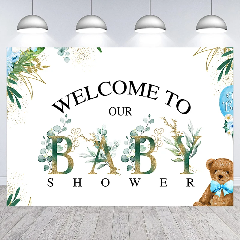 

Welcome To Our Baby Shower Party Backdrop Leaves Bear Lovely Photography Background Decor Party Photo Booth Props Banner