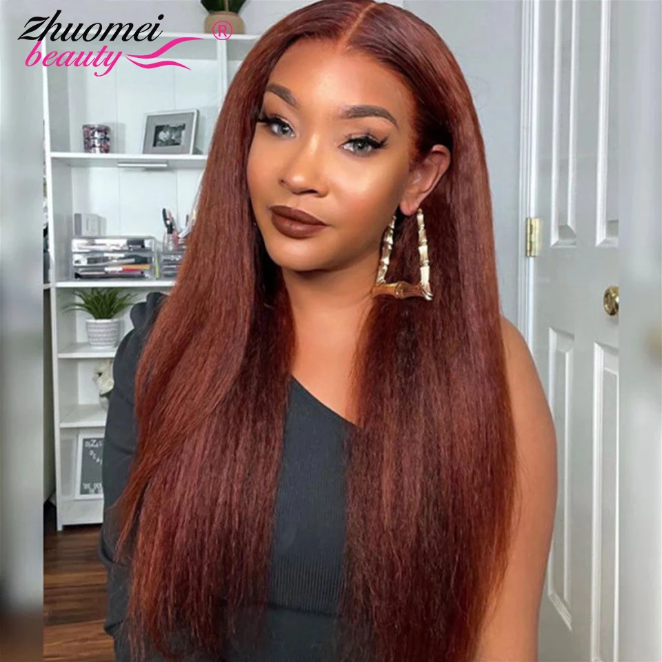 

Reddish Brown Kinky Straight 13x6 HD Lace Front Wigs For Women Auburn Reddish Brown 13x4 Yaki Straig Human Hair Wigs PrePlucked