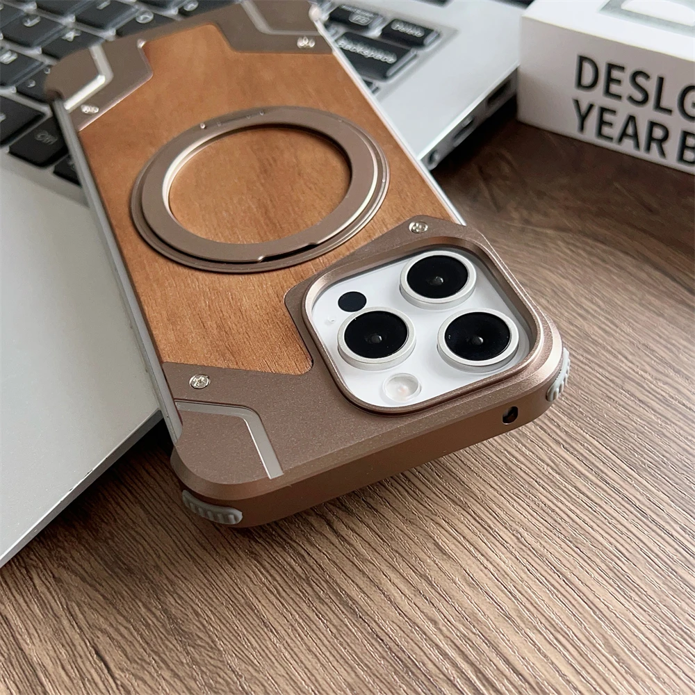 Frameless Armor Fold Ring Stand Holder Wooden Case for iPhone 16 15 13 14 Pro Max Military Invisible Bracket Shockproof Cover