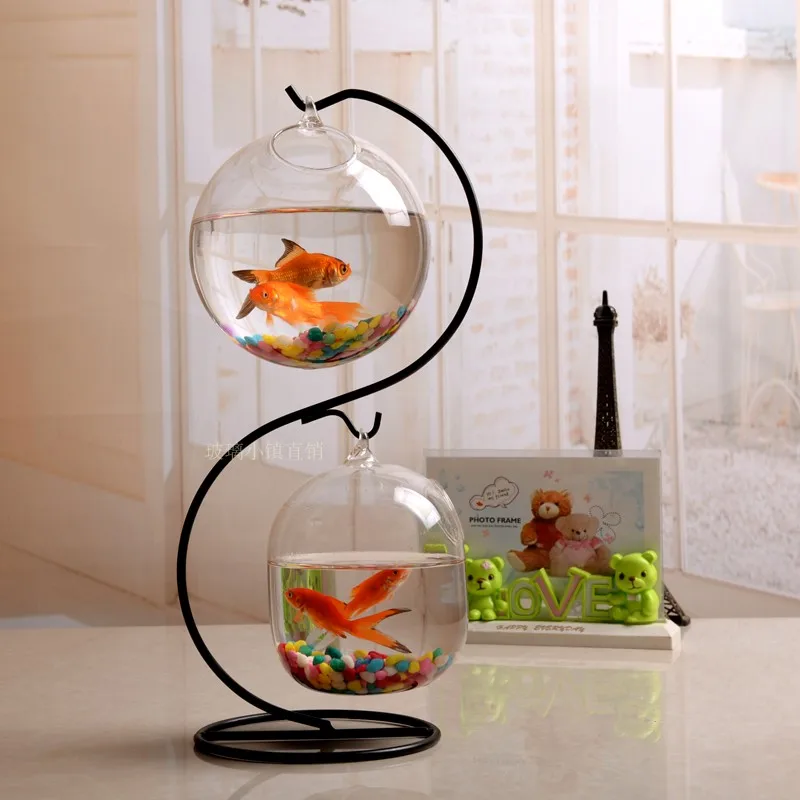 Hanging Hydroponic Glass Bottle Micro Landscape Ecological Bottle Iron Frame Office Small Fish Tank