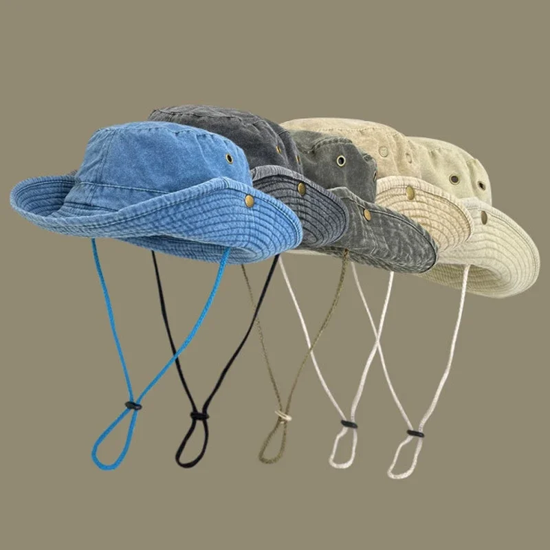 2024 Blue Cowboy Hiking Bucket Hat with String Men Denim Beach Sun Hat for Women Outdoor Couple Bob Panama Summer Fisherman Hat