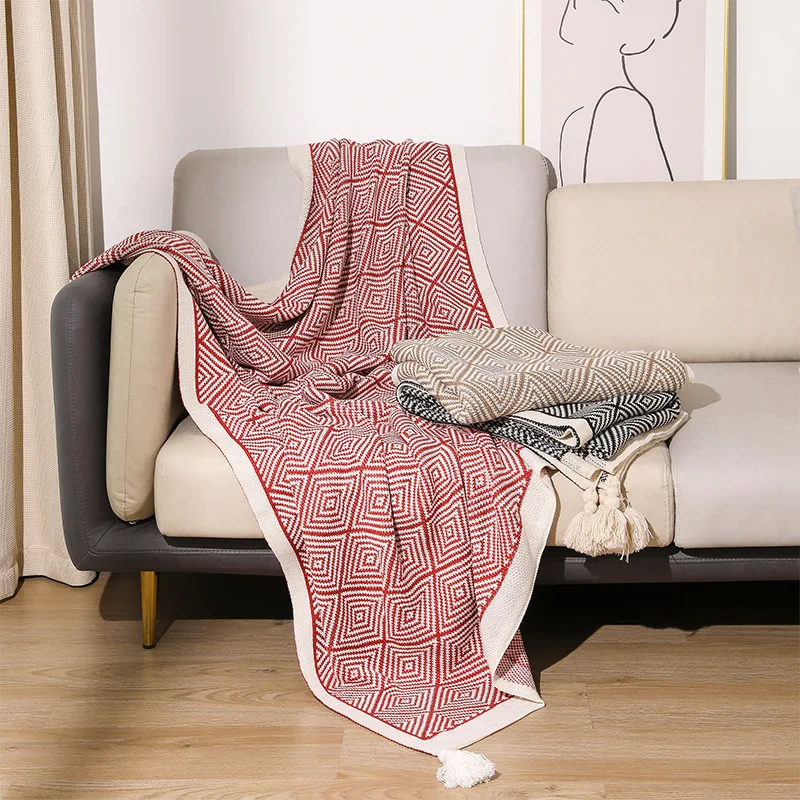 

Boho Cover Blanket Shawl Bay Window Blanket Knitted Blanket Ethnic Wind Geometric Air Conditioning Blankets Fringe Nap Blankets