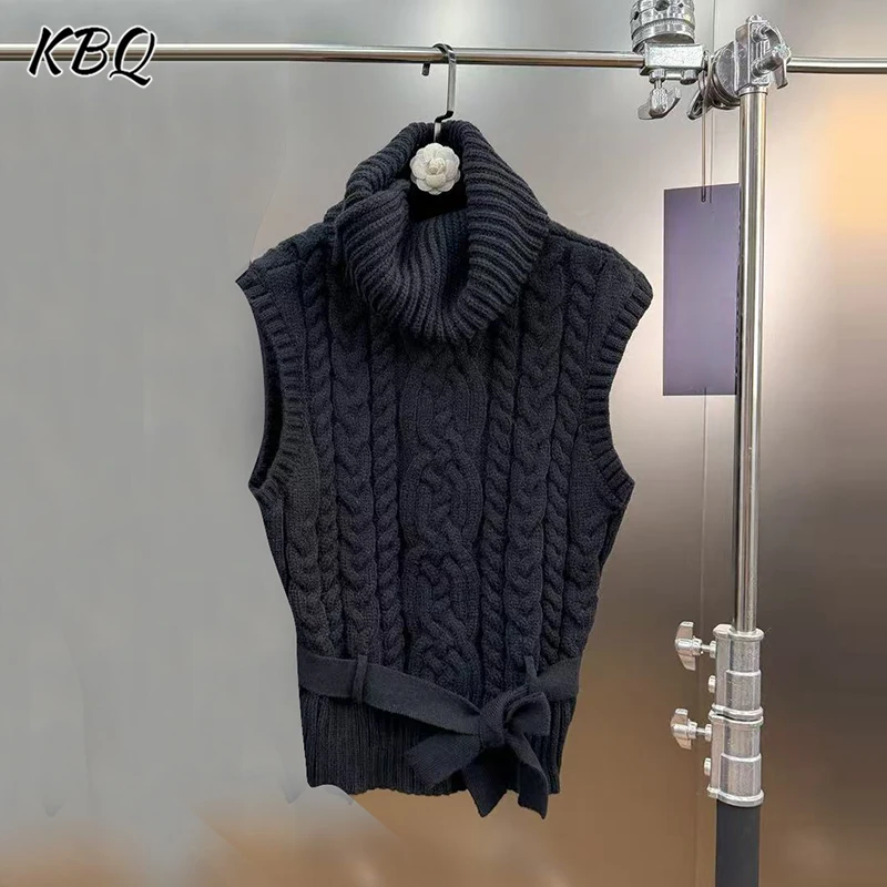 

KBQ Solid Minimalist Tunic Knitting Sweater Vest for Women Stand Collar Sleeveless Temperament Sweater Female Winter Style New