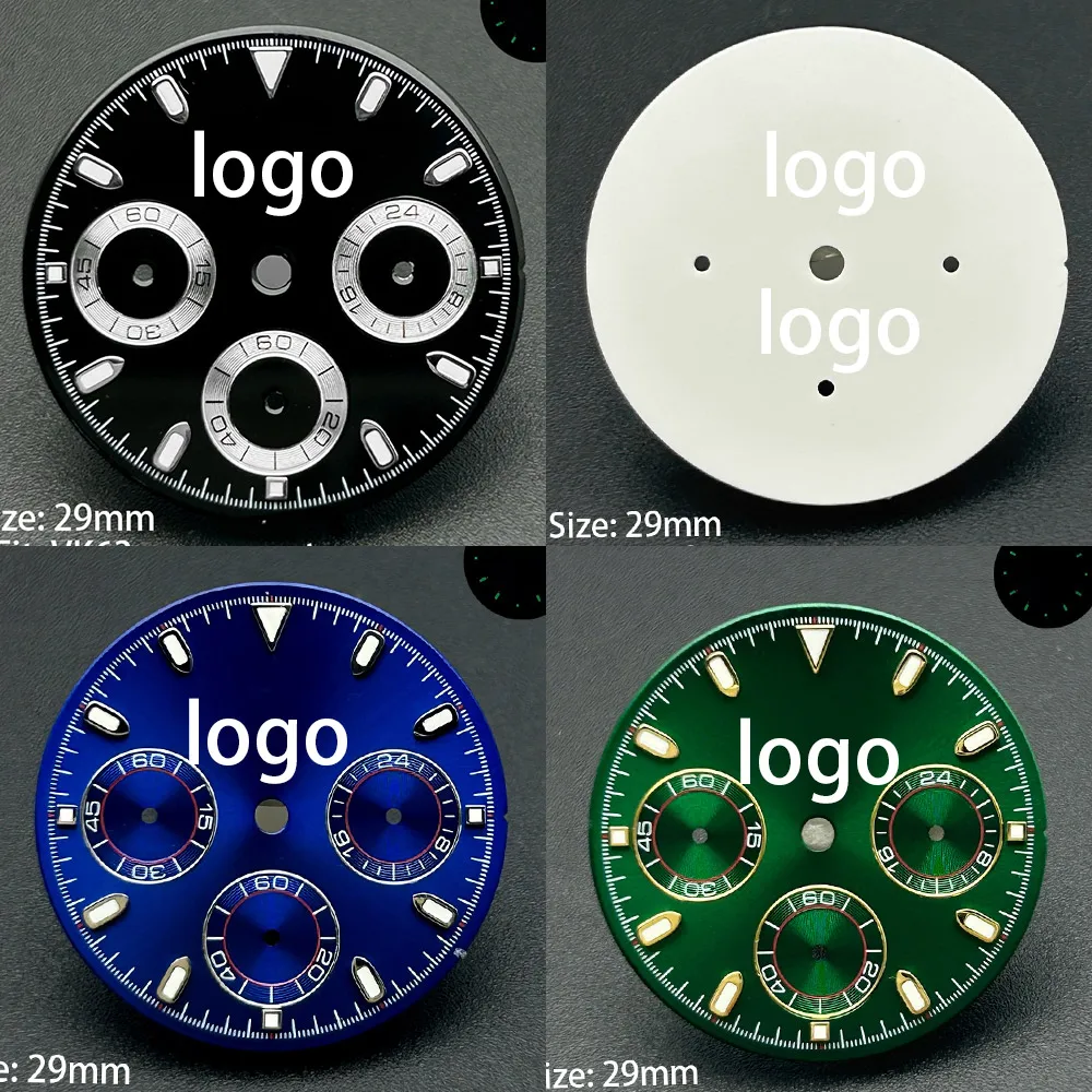 Custom 29mm VK63 Chronograph Watch Dial Green Luminous 6 Hands Personalized Quartz Movement Dial Fit 39mm Case Men Accessories