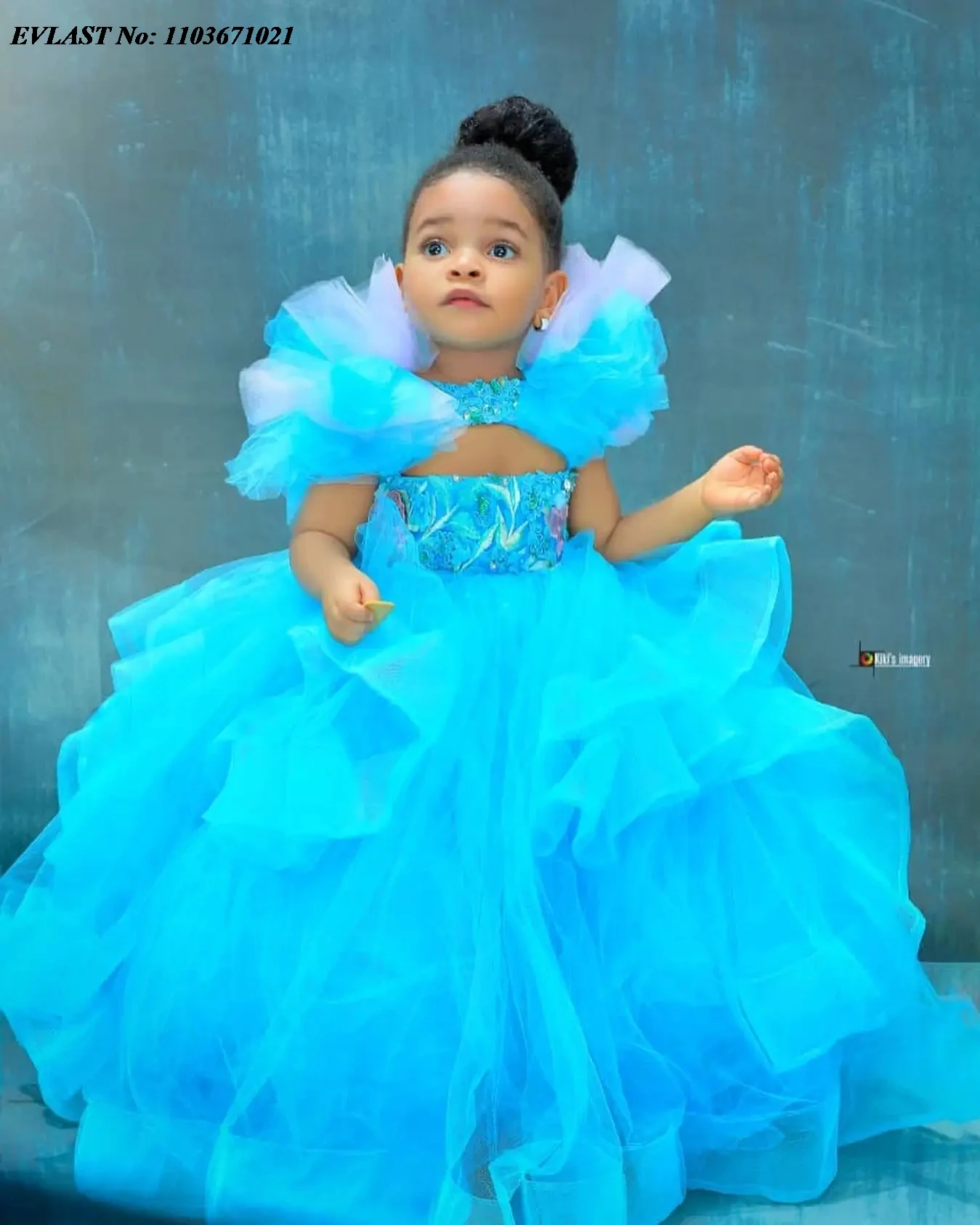 EVLAST-Robe à Fleurs Bleu Ciel Personnalisée pour Petite Fille, Tenue de Bal en Tulle, à Volants, avec Appliques, pour ixd'Anniversaire, FD04