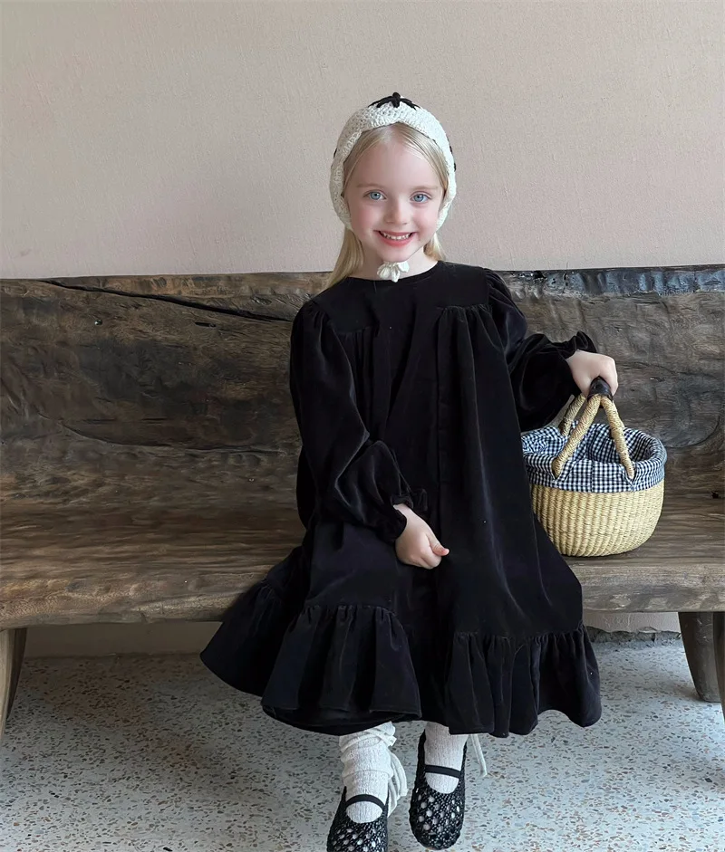 2 To 12 Years , Autumn Winter Teen Girls Velvet Dress Long Sleeve Children Clothing Loose Kids Elegant Princess Dresses Black