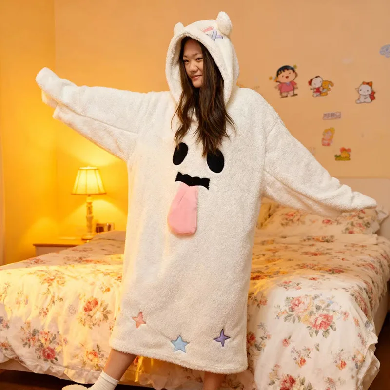 Halloween Ghost Hooded Nightgown Women Warm Coral Fleece for, Cute Spooky Face Long Sleepwear, Soft Loose Winter Pajamas Gifts